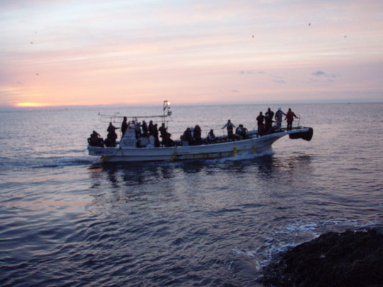 朝日の中お客さんを渡していきます