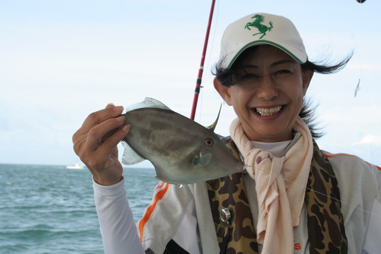 永田まりさん、良型のウマヅラハギヲゲット